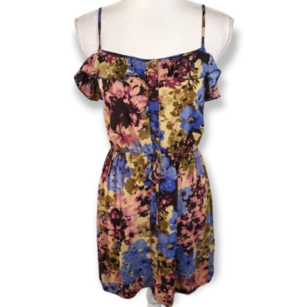 FULL TILT FLORAL PURPLE & CREAM RUFFLE DRESS SZ.M EUC